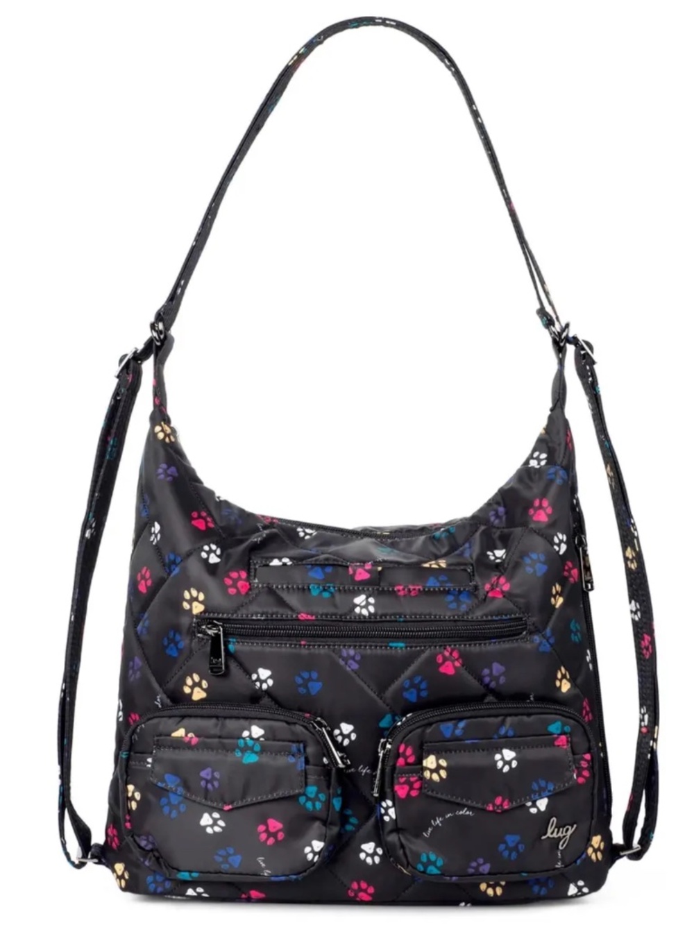 LUG PAW PRINT BLACK QUITED NYLON HOBO CONVERTIBLE BAG
